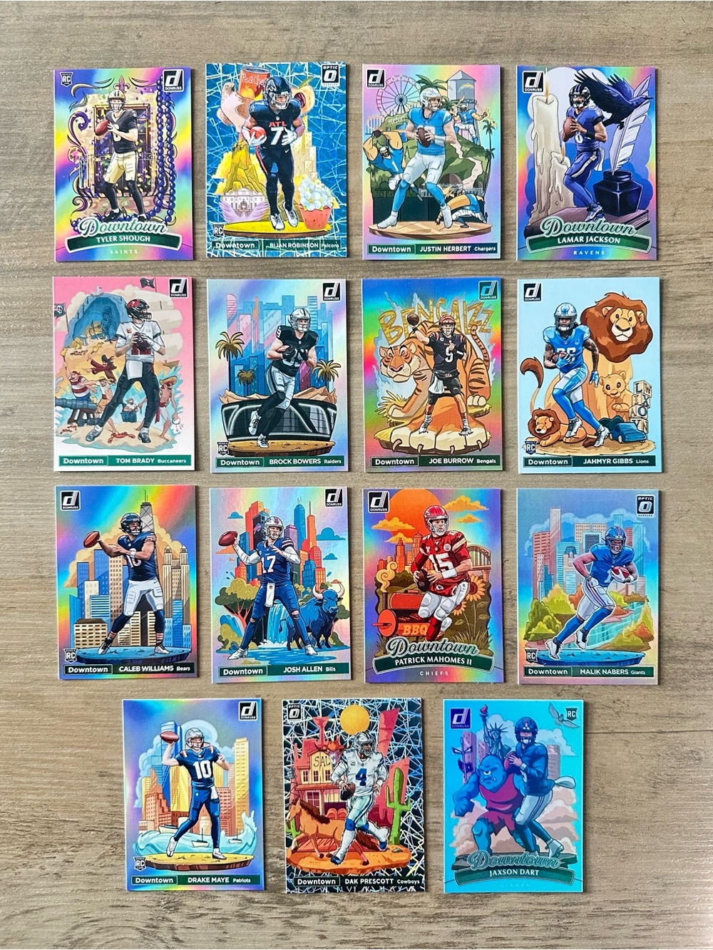 NFL Lot of (15) Mahomes, Gibbs, Brady, Allen, Maye, Bijan, etc… Novelty Cards.